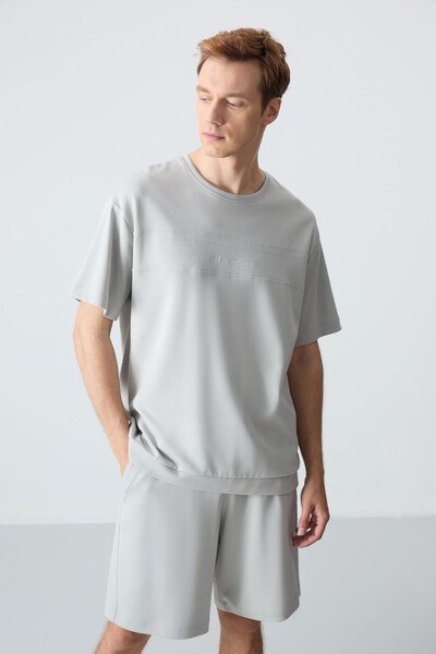 Tommylife Wholesale Crew Neck Oversize Basic Men's Shorts Set 85257 Stone - Thumbnail