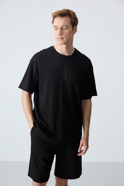 Tommylife Wholesale Crew Neck Oversize Basic Men's Shorts Set 85258 Black - Thumbnail