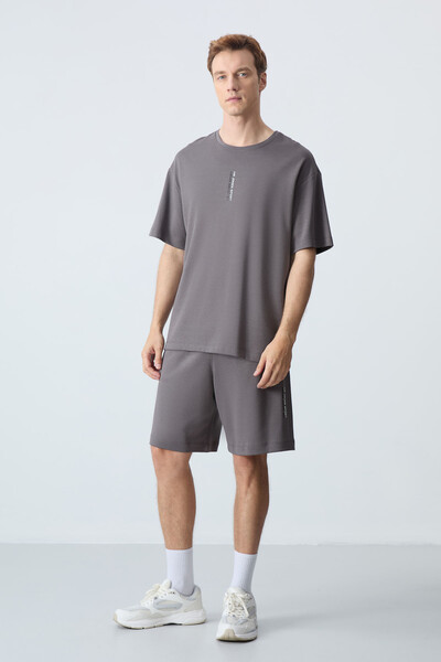 Tommylife Wholesale Crew Neck Oversize Basic Men's Shorts Set 85258 Dark Gray - Thumbnail