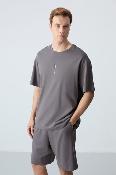 Tommylife Wholesale Crew Neck Oversize Basic Men's Shorts Set 85258 Dark Gray - Thumbnail