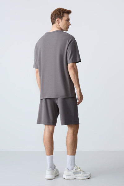 Tommylife Wholesale Crew Neck Oversize Basic Men's Shorts Set 85258 Dark Gray - Thumbnail