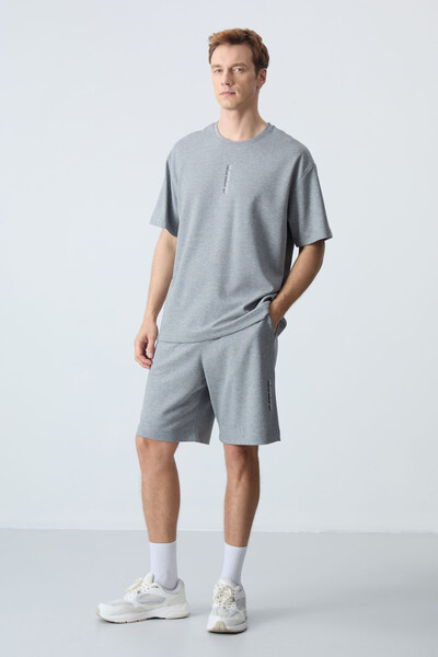 Tommylife Wholesale Crew Neck Oversize Basic Men's Shorts Set 85258 Gray Melange - Thumbnail