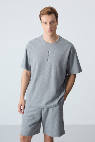 Tommylife Wholesale Crew Neck Oversize Basic Men's Shorts Set 85258 Gray Melange - Thumbnail