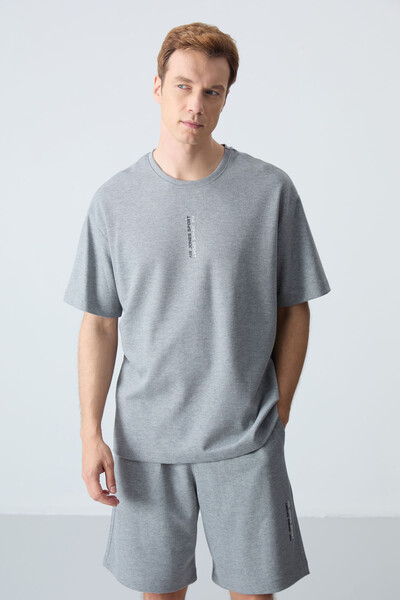 Tommylife Wholesale Crew Neck Oversize Basic Men's Shorts Set 85258 Gray Melange - Thumbnail