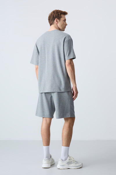 Tommylife Wholesale Crew Neck Oversize Basic Men's Shorts Set 85258 Gray Melange - Thumbnail