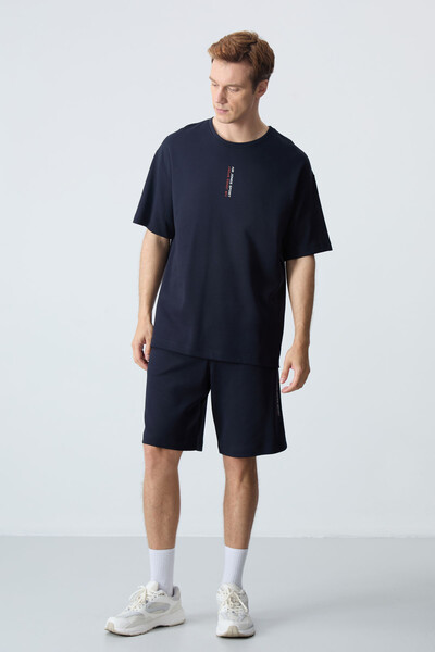 Tommylife Wholesale Crew Neck Oversize Basic Men's Shorts Set 85258 Navy Blue - Thumbnail