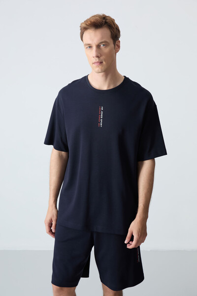 Tommylife Wholesale Crew Neck Oversize Basic Men's Shorts Set 85258 Navy Blue - Thumbnail