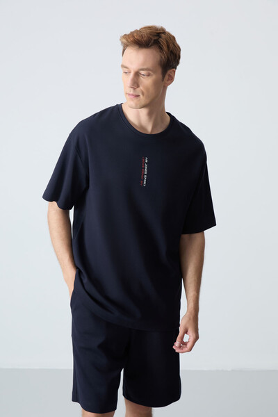 Tommylife Wholesale Crew Neck Oversize Basic Men's Shorts Set 85258 Navy Blue - Thumbnail