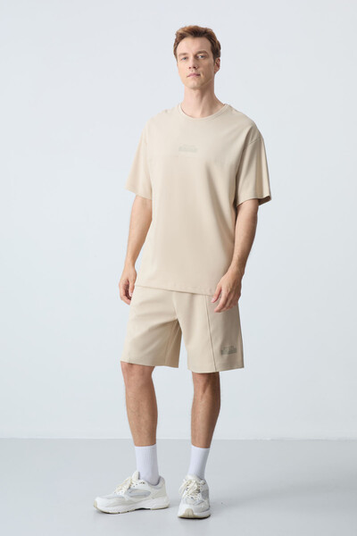 Tommylife Wholesale Crew Neck Oversize Basic Men's Shorts Set 85259 Beige - Thumbnail