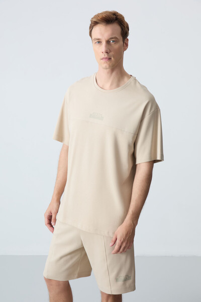 Tommylife Wholesale Crew Neck Oversize Basic Men's Shorts Set 85259 Beige - Thumbnail