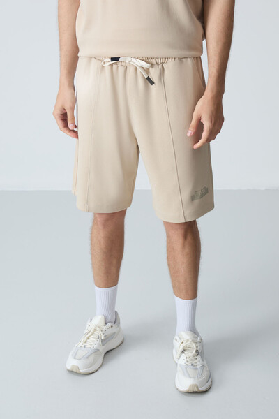 Tommylife Wholesale Crew Neck Oversize Basic Men's Shorts Set 85259 Beige - Thumbnail