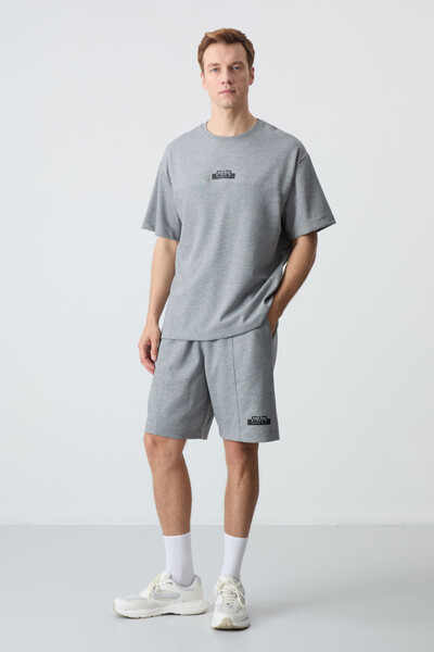 Tommylife Wholesale Crew Neck Oversize Basic Men's Shorts Set 85259 Gray Melange - Thumbnail