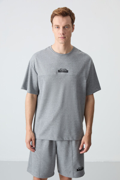 Tommylife Wholesale Crew Neck Oversize Basic Men's Shorts Set 85259 Gray Melange - Thumbnail