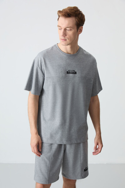 Tommylife Wholesale Crew Neck Oversize Basic Men's Shorts Set 85259 Gray Melange - Thumbnail