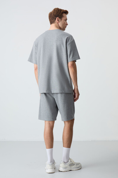 Tommylife Wholesale Crew Neck Oversize Basic Men's Shorts Set 85259 Gray Melange - Thumbnail