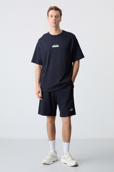 Tommylife Wholesale Crew Neck Oversize Basic Men's Shorts Set 85259 Navy Blue - Thumbnail