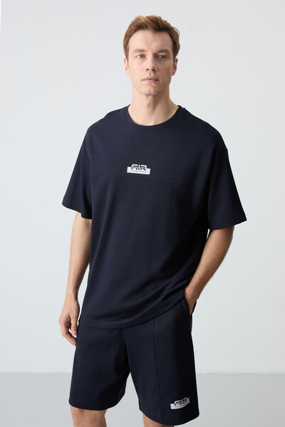 Tommylife Wholesale Crew Neck Oversize Basic Men's Shorts Set 85259 Navy Blue - Thumbnail