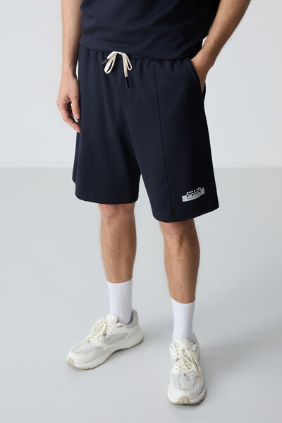 Tommylife Wholesale Crew Neck Oversize Basic Men's Shorts Set 85259 Navy Blue - Thumbnail