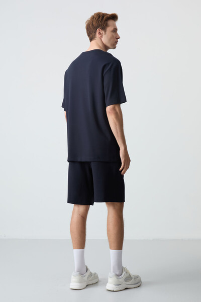 Tommylife Wholesale Crew Neck Oversize Basic Men's Shorts Set 85259 Navy Blue - Thumbnail