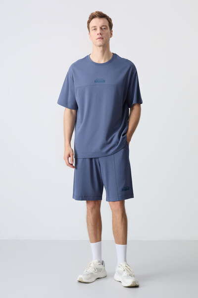 Tommylife Wholesale Crew Neck Oversize Basic Men's Shorts Set 85259 Petrol - Thumbnail