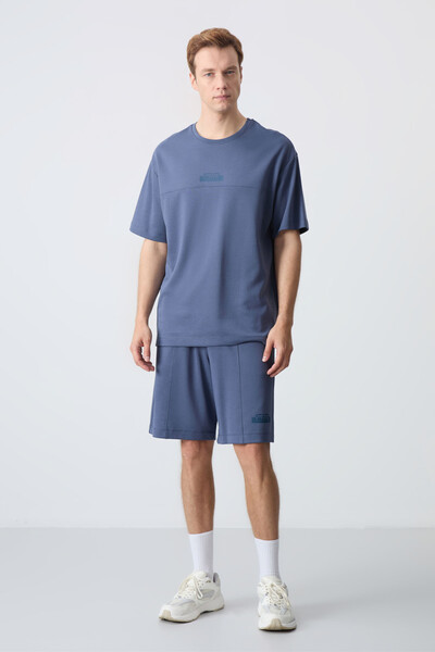 Tommylife Wholesale Crew Neck Oversize Basic Men's Shorts Set 85259 Petrol - Thumbnail