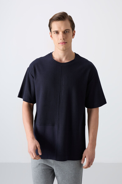 Tommylife Wholesale Crew Neck Oversize Basic Men's T-Shirt 88337 Navy Blue - Thumbnail