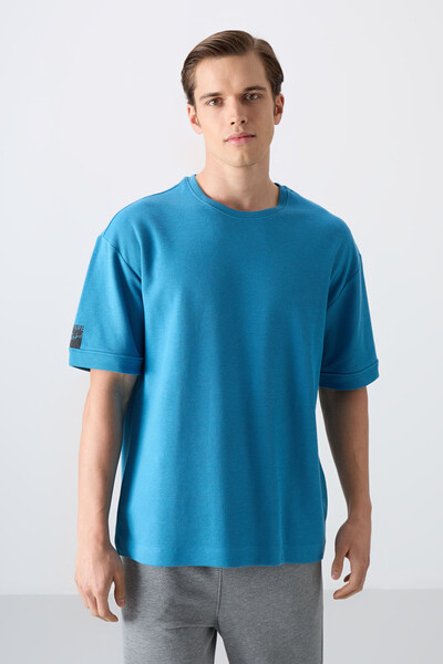 Tommylife Wholesale Crew Neck Oversize Basic Men's T-Shirt 88339 Petrol Blue - Thumbnail