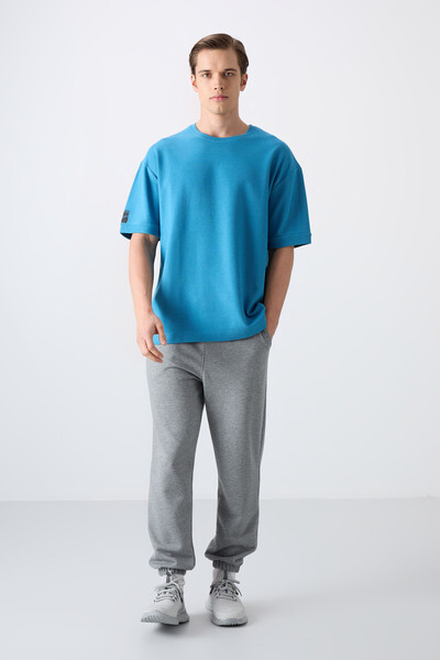 Tommylife Wholesale Crew Neck Oversize Basic Men's T-Shirt 88339 Petrol Blue - Thumbnail