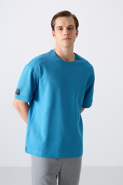 Tommylife Wholesale Crew Neck Oversize Basic Men's T-Shirt 88339 Petrol Blue - Thumbnail