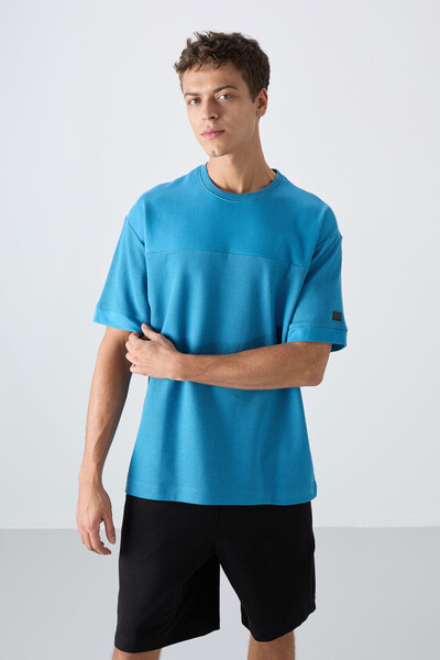 Tommylife Wholesale Crew Neck Oversize Basic Men's T-Shirt 88340 Petrol Blue - Thumbnail