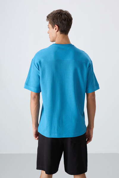 Tommylife Wholesale Crew Neck Oversize Basic Men's T-Shirt 88340 Petrol Blue - Thumbnail