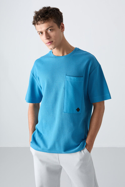 Tommylife Wholesale Crew Neck Oversize Basic Men's T-Shirt 88341 Petrol Blue - Thumbnail