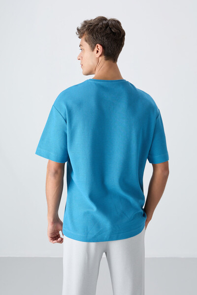 Tommylife Wholesale Crew Neck Oversize Basic Men's T-Shirt 88341 Petrol Blue - Thumbnail