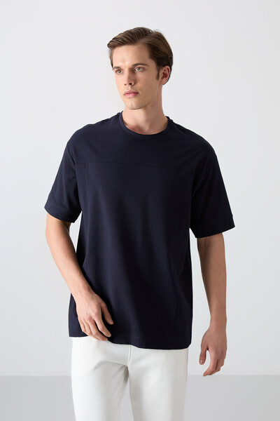 Tommylife Wholesale Crew Neck Oversize Basic Men's T-Shirt 88349 Navy Blue - Thumbnail