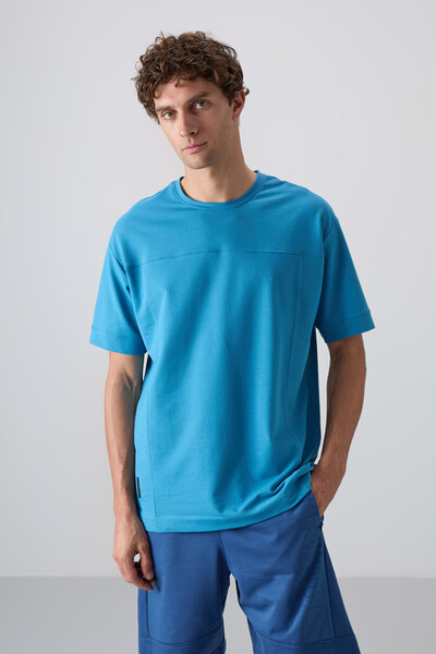 Tommylife Wholesale Crew Neck Oversize Basic Men's T-Shirt 88349 Petrol Blue - Thumbnail