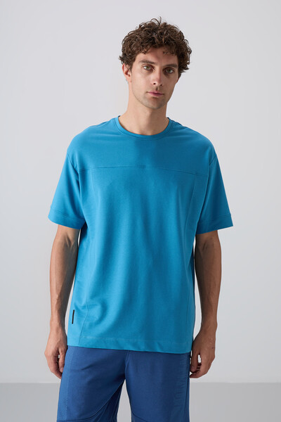 Tommylife Wholesale Crew Neck Oversize Basic Men's T-Shirt 88349 Petrol Blue - Thumbnail