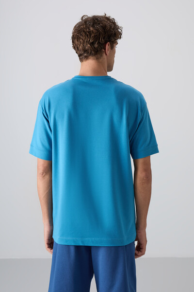 Tommylife Wholesale Crew Neck Oversize Basic Men's T-Shirt 88349 Petrol Blue - Thumbnail