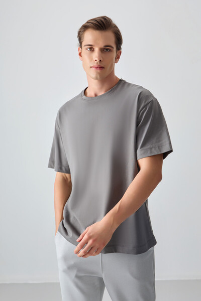 Tommylife Wholesale Crew Neck Oversize Basic Men's T-Shirt 88353 Dark Gray - Thumbnail