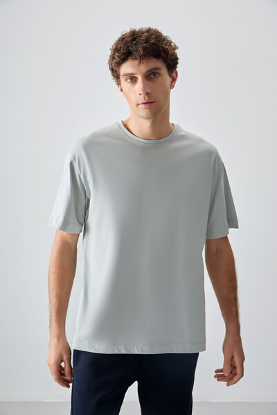 Tommylife Wholesale Crew Neck Oversize Basic Men's T-Shirt 88353 Stone - Thumbnail