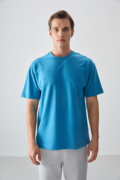 Tommylife Wholesale Crew Neck Oversize Basic Men's T-Shirt 88378 Petrol Blue - Thumbnail