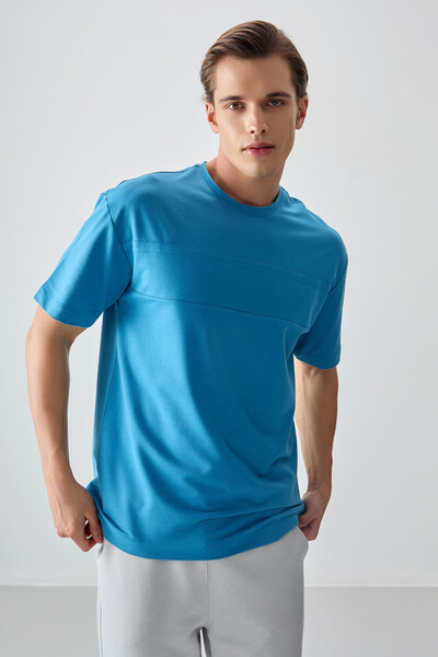 Tommylife Wholesale Crew Neck Oversize Basic Men's T-Shirt 88378 Petrol Blue - Thumbnail