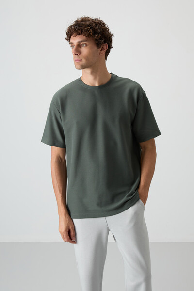 Tommylife Wholesale Crew Neck Oversize Basic Men's T-Shirt 88379 Khaki - Thumbnail