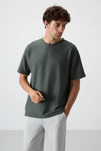 Tommylife Wholesale Crew Neck Oversize Basic Men's T-Shirt 88379 Khaki - Thumbnail