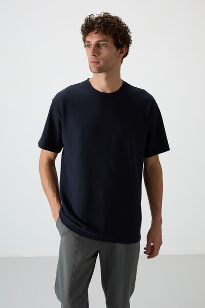 Tommylife Wholesale Crew Neck Oversize Basic Men's T-Shirt 88379 Navy Blue - Thumbnail