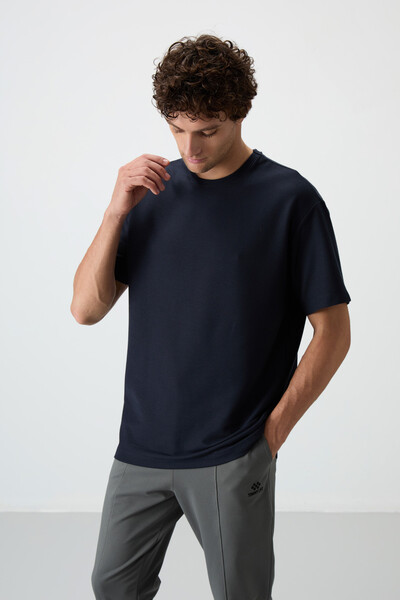 Tommylife Wholesale Crew Neck Oversize Basic Men's T-Shirt 88379 Navy Blue - Thumbnail