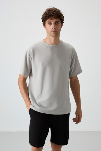 Tommylife Wholesale Crew Neck Oversize Basic Men's T-Shirt 88379 Stone - Thumbnail