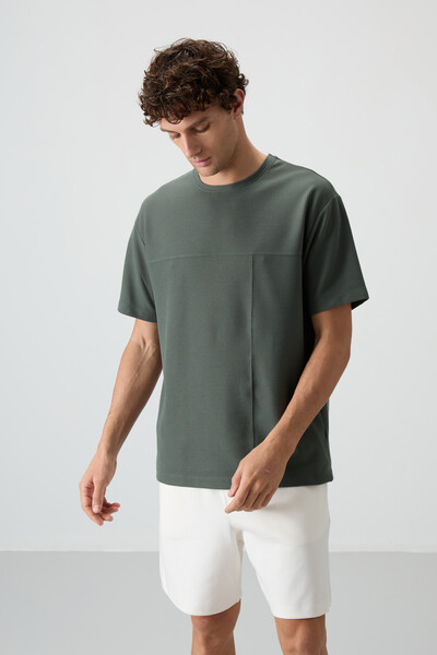Tommylife Wholesale Crew Neck Oversize Basic Men's T-Shirt 88380 Khaki - Thumbnail