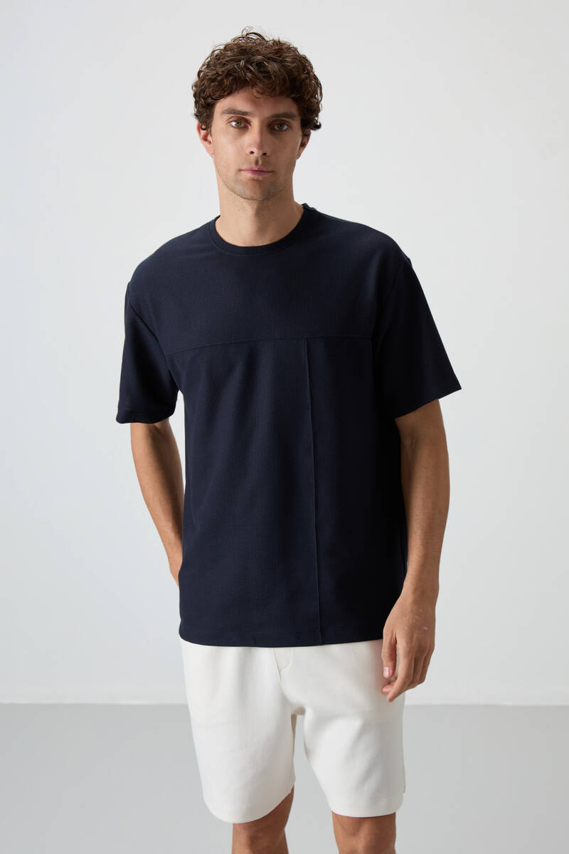 TOMMYLIFE - Tommylife Wholesale Crew Neck Oversize Basic Men's T-Shirt 88380 Navy Blue