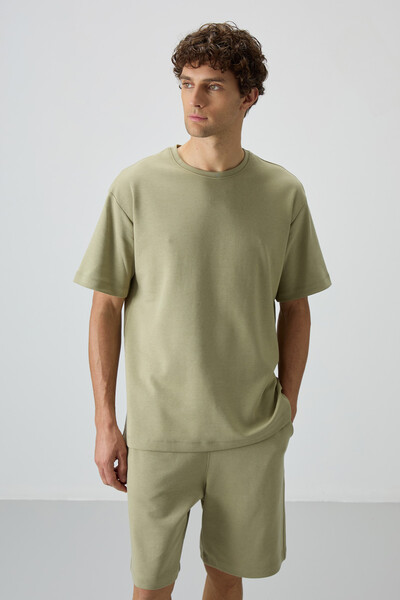 Tommylife Wholesale Crew Neck Oversize Basic Men's T-Shirt Shorts Set 85249 Almond Green - Thumbnail