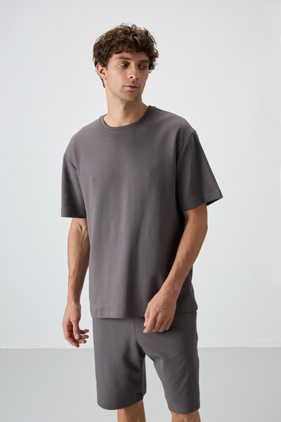 Tommylife Wholesale Crew Neck Oversize Basic Men's T-Shirt Shorts Set 85249 Dark Gray - Thumbnail